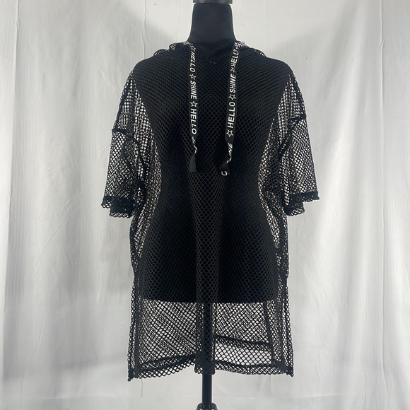 Black mesh,knit pullover w hoodie and drawstring, coverup, see through,Large - Picture 9 of 9